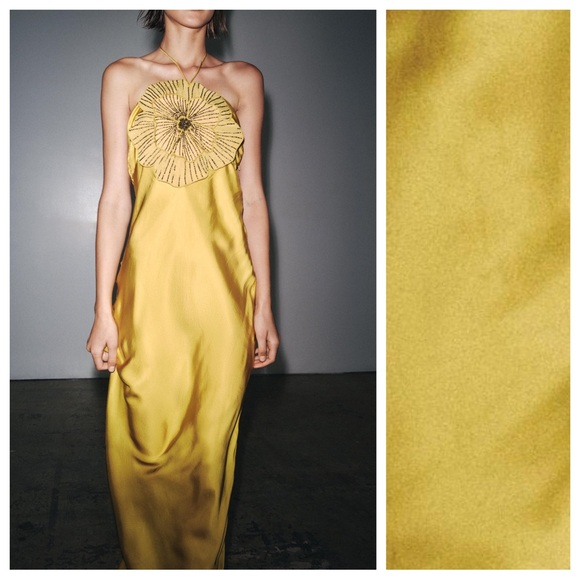 NWT. Zara Olive Green Satin Effect Long Dress with Embossed Flower. Size XS. - Picture 3 of 13